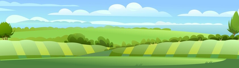 Garden hills with beds and bushes. Rural landscape. Horizontal village nature illustration. Cute country hills. Flat style. Vector