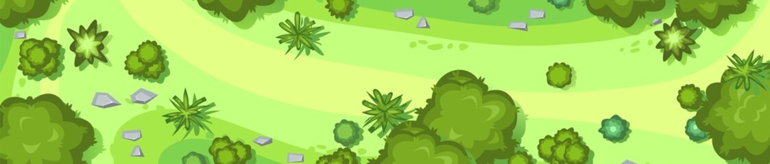 Beautiful summer meadow landscape with trees. View from above. Illustration in a flat style. Scenarios from above. Cartoon design. Vector.