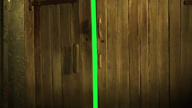 animation - old wooden  door opening to green screen ,chroma key