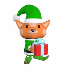 Cute cartoon elf animal with a gift in a green Santa Claus costume isolated on white. 3d render