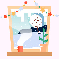 New Year's background picture - a tea mug, a plant on sill with winter landscape. Vector illustration.  
