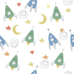 Seamless vector childish space pattern with hand drawn rockets, spaceship. Cartoon funny kids cosmo background.