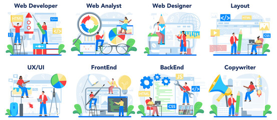 Fototapeta na wymiar Web development concept set. Creating and presenting content