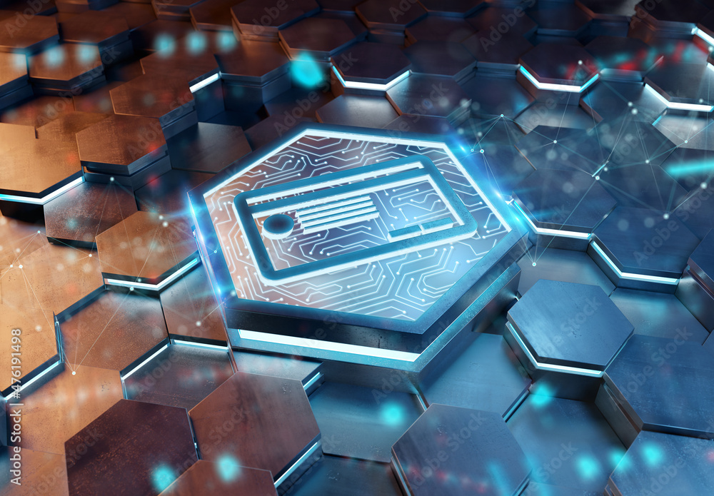 Poster payment card icon concept engraved on metal hexagonal pedestral background. credit card logo glowing