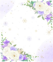 雪の結晶が背景の美しい白いバラの花と紫色の花の招待状縦水彩画風フレームベクターイラスト素材