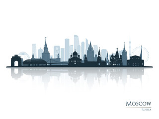 Moscow skyline silhouette with reflection. Landscape Moscow, Russia. Vector illustration.