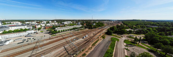 Aerial panoramic view of Kouvola railway station and city center.