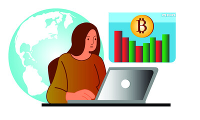 Business Strategy Analysis stock market with Bitcoin upward growth vector illustrator. flat design women trading Bitcoin