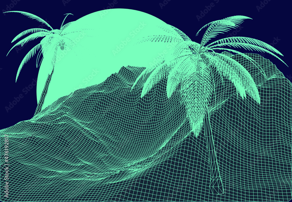 Poster retro 80s synthwave styled 3d landscape with green laser grid mountains and palm trees. vector illus
