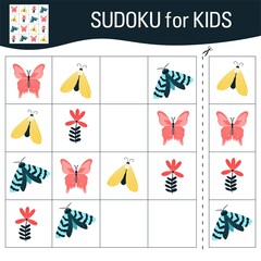 Sudoku game for kids with pictures. Cartoon butterflies, insects and elements of the natural world. Vector.