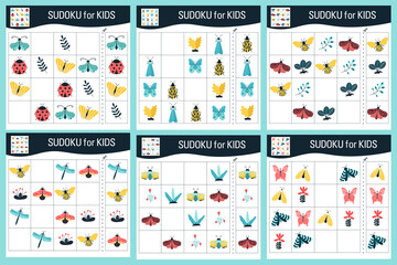 Sudoku game for kids with pictures. Cartoon butterflies, insects and elements of the natural world. Vector.