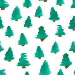 Watercolor Pine Tree Seamless Pattern Design on White Background