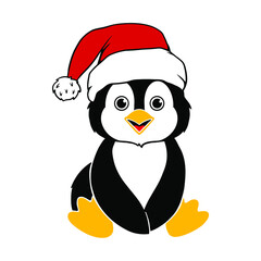 Fototapeta premium Christmas penguin wearing a santa claus hat. Vector clipart