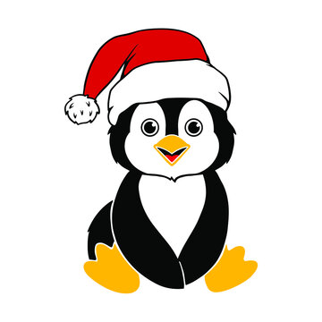 Christmas penguin wearing a santa claus hat. Vector clipart