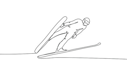 Continuous one line drawing of Jump skier on his flight over the land. Outdoor extreme sport. Winter season sport.  Vector illustration