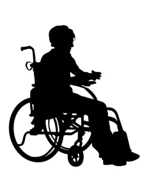 Disabled people in wheelchairs are driving down the street. Isolated silhouettes on white background