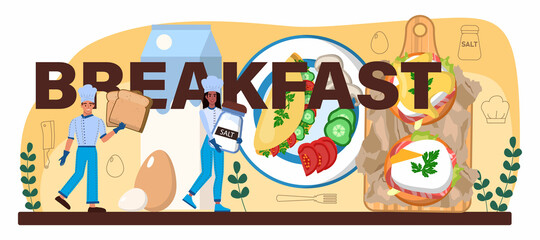 Breakfast typographic header. Tasty cooked eggs. Scrambled, fried, omelette