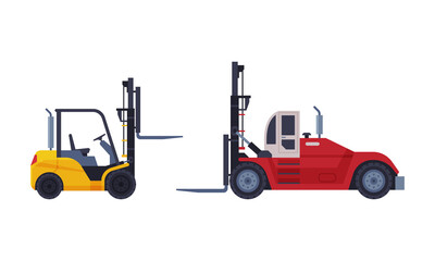 Forklift or Lift Truck as Powered Industrial Truck and Warehouse Equipment for Goods Moving Vector Set