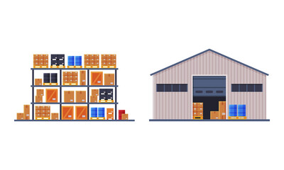Warehouse and Rack with Crate and Box as Freight Delivering Service Vector Set