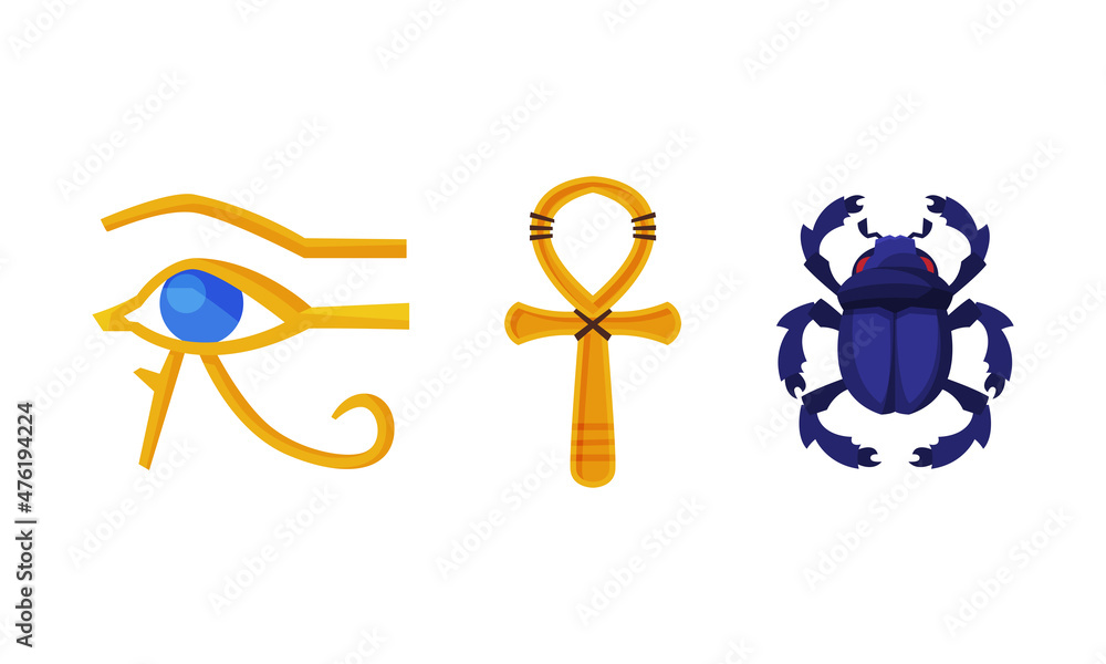 Poster Eye of Horus, Ankh Key and Scarab Beetle as Ancient Egyptian Symbol Vector Set