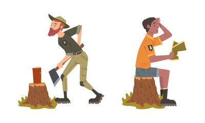 Man Forest Ranger in Uniform at National Park Sitting on Tree Stump with Map and Chopping Wood Vector Set