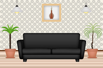 Simple room with sofa, canvas painting, plants and tapestry wallpaper, vector illustration