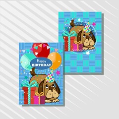 happy birthday funny card with puppy dog, gifts and color bright balloons