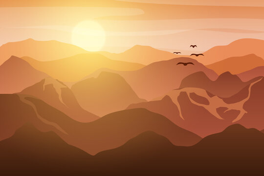 Mountain landscape with sunrise in morning. vector illustration