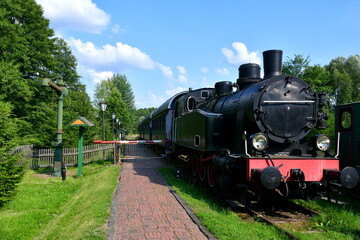 Fototapeta na wymiar A close up on an old yet still used steam locomotive with some compartments standing on a platform next to a pavement and some trees being a part of a lush forest or moor seen in Poland in summer