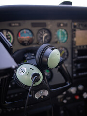 Dashboard of a small, sporty aircraft for 4 people. View of displays and aircraft dashboard alarm...