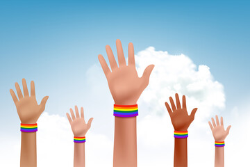 People raised their hands up with flags of the LGBT community