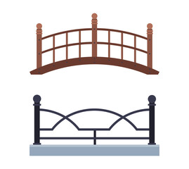 Iron Railing with Metal Pillar and Bridge as City Park Element Vector Set
