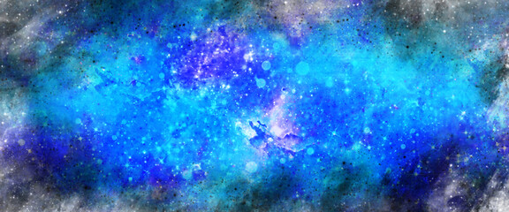 Fototapeta na wymiar Vector cosmic watercolor illustration. Colorful space background with stars, Blue watercolor galaxy texture, fantazy universe, Purple clouds, Paint splash.