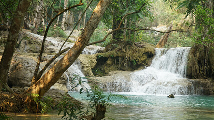Naklejka na ściany i meble Kuang Si Waterfall and pools in tropical rain forest in Laos.