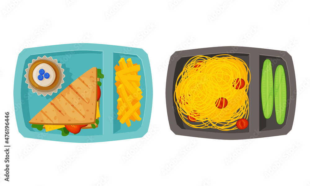 Poster meal tray with fresh appetizing food rested in different section above view vector set