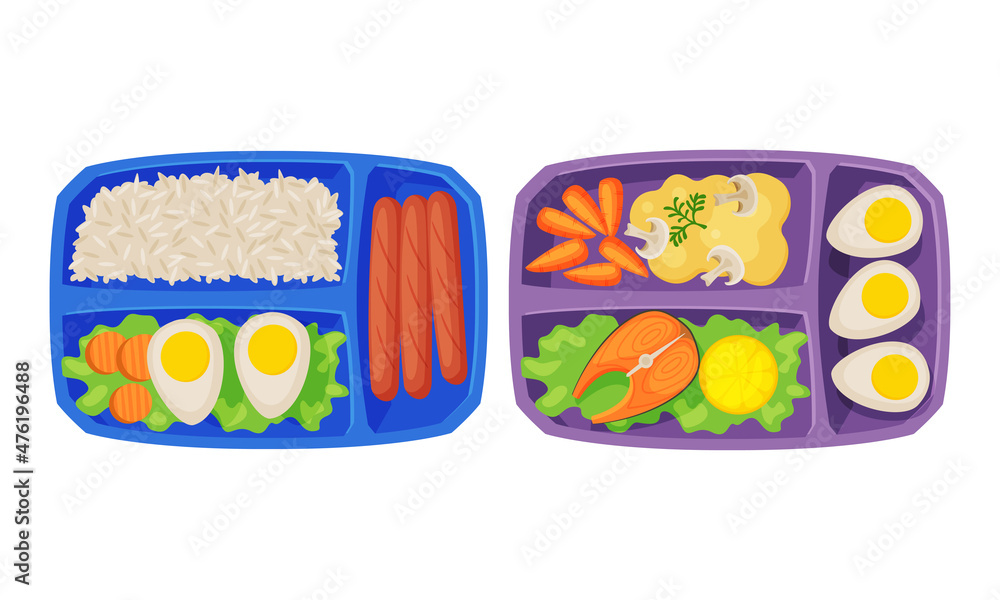 Poster meal tray with fresh appetizing food rested in different section above view vector set