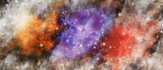 Vector cosmic watercolor illustration. Colorful space background with stars,  Blue watercolor galaxy texture, fantazy universe, Purple clouds, Paint splash.