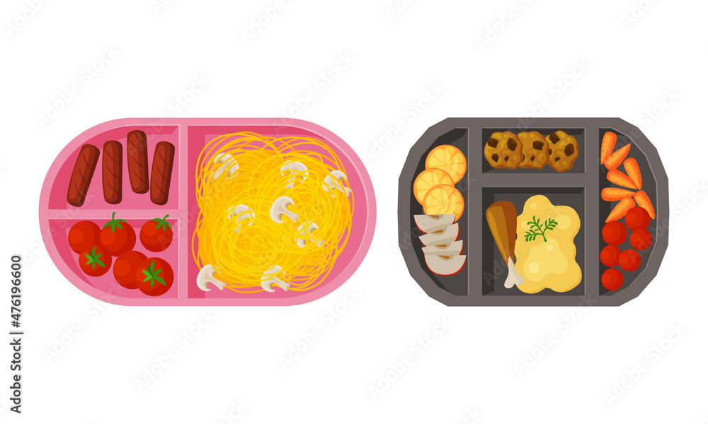 Poster meal tray with fresh appetizing food rested in different section above view vector set