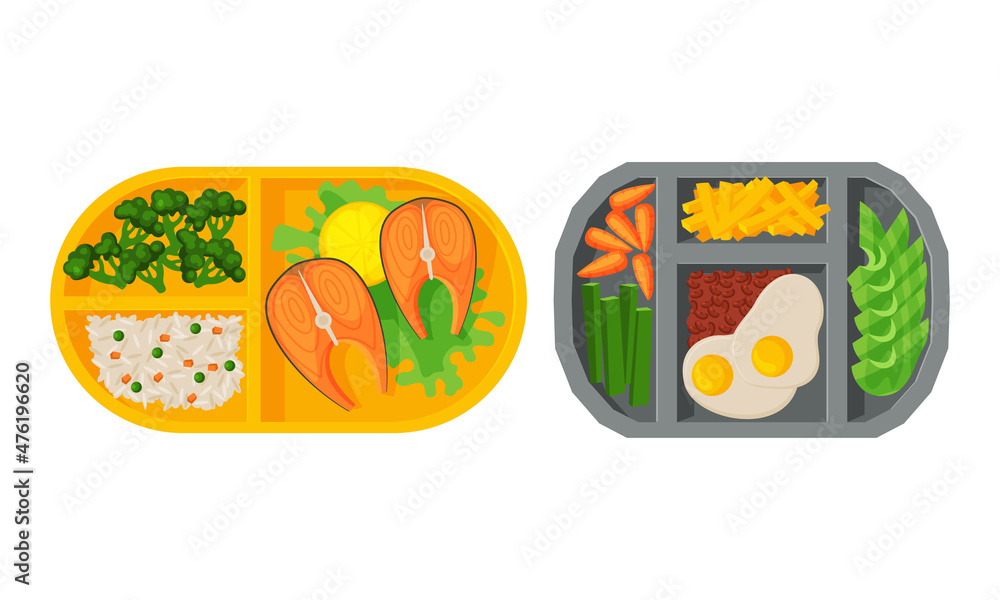 Poster meal tray with fresh appetizing food rested in different section above view vector set