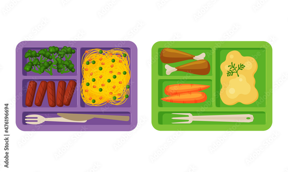 Poster meal tray with fresh appetizing food rested in different section above view vector set