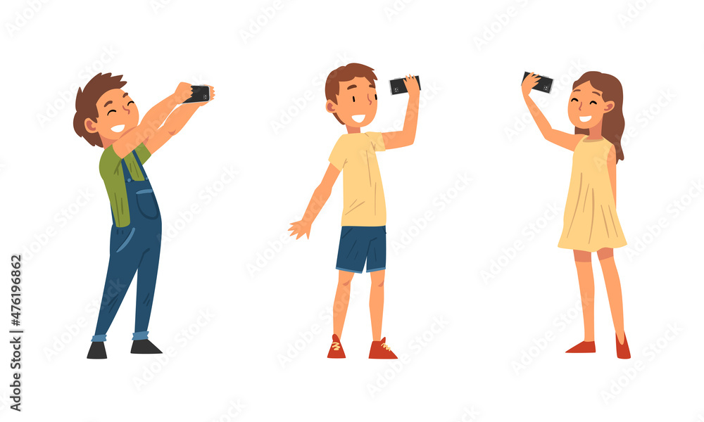 Wall mural Little Kid Holding Smartphone Having Video Call or Taking Selfie for Social Media Vector Set