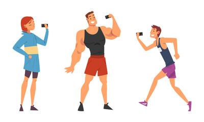 Young Man and Woman Holding Smartphone Having Video Call or Taking Selfie for Social Media Vector Set