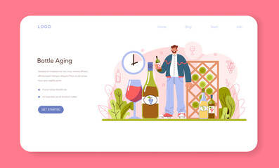 Wine production web banner or landing page. Grape wine puted in bottles