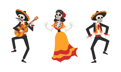 Mexican Skeleton in Sombrero Hat Playing Musical Instrument and Dancing Vector Set