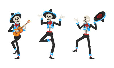 Fototapeta na wymiar Mexican Skeleton in Sombrero Hat Playing Musical Instrument and Dancing Vector Set