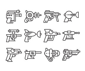 space gun and blaster icons set vector line illustration