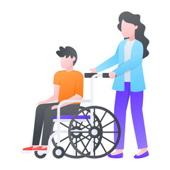 Female Nurse Pushing a Disabled Man in a Wheelchair Concept Vector Color Icon Design, Medical and Healthcare Scene Symbol, Diseases Diagnostics Sign, Doctors and Patients Characters Stock Illustration