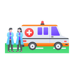 medically equipped vehicle with staff Concept, Ambulance Vector Color Icon Design, Medical and Healthcare Scene Symbol, Diseases Diagnostics Sign, Doctors and Patients Characters Stock Illustration