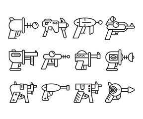 space gun and blaster icons set vector line illustration