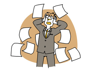 仕事に忙殺されパニックになる男性　燃え尽き症候群になる真面目なビジネスマン　ゆるい線画の人物イラスト